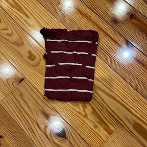 Wet Seal Maroon and White Striped Short Sleeve V-Neck Tee